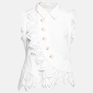 Self-Portrait White Eyelet Trimmed Cotton Button Front Top M