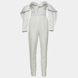 Pre Owned Self-Portrait Ivory Satin Ruffled Off-Shoulder Jumpsuit S