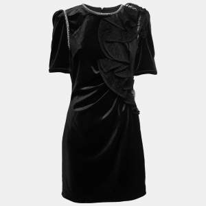 Self-Portrait Black Velvet Embellished Ruffle Detail Midi Dress M