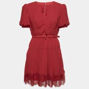 Self-Portrait Red Chiffon Pleated Belted Mini Dress M
