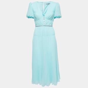 Self-Portrait Blue Pleated Chiffon Diamante Button Midi Dress S