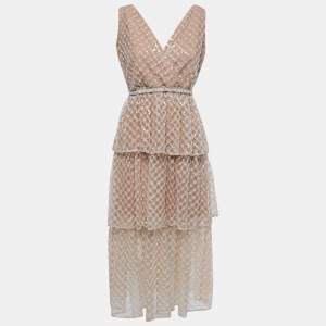 Self-Portrait Tan Sequin Tiered Sleeveless Midi Dress M