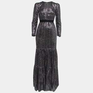Self-Portrait Black Sequined Tiered Maxi Dress S