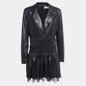 Self-Portrait Black Faux Leather Blazer Ruched Waist Mini Dress M