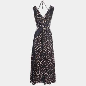 Self-Portrait Black Floral Print Crepe Draped Sleeveless Maxi Dress S