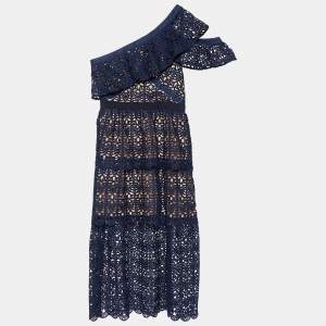 Self-Portrait Navy Blue Crochet Frill One Shoulder Midi Dress M