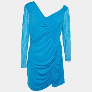 Self-Portrait Blue Jersey & Tulle Sleeve Ruched One Shoulder Mini Dress L