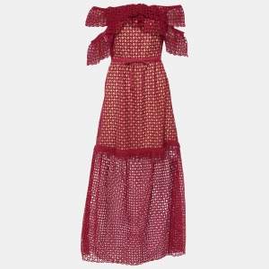 Self Portrait Burgundy Lace Off Shoulder Maxi Dress M