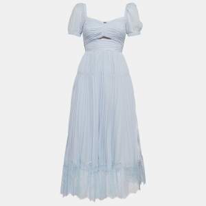 Self-Portrait Light Blue Pleated Chiffon Cut-Out Midi Dress XS