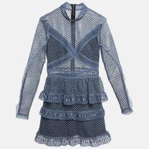 Self-Portrait Grey Lace Tiered Mini Dress S
