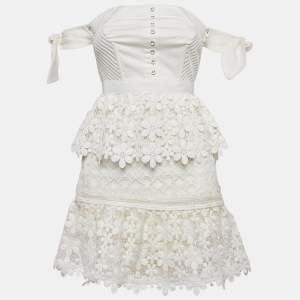 Self Portrait White Lace Tiered Off Shoulder Mini Dress S