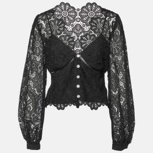 Self Portrait Black Floral Guipure Puff Sleeve Blouse L