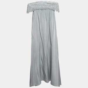 Self Portrait Grey Silk & Lace Trim Off Shoulder Bardot Dress M