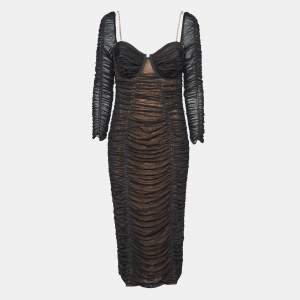 Self-Portrait Black Crystal-Embellished Strap Stretch Mesh Ruche Midi Dress L