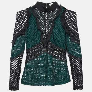 Self-Portrait Green Mesh Ruffle Detail Top S