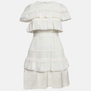 Self-Portrait White Broderie Anglaise Cotton Ruffled Mini Dress S