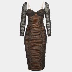 Self-Portrait Black Mesh Ruched Strap Detail Bodycon Dress S