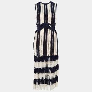 Self-Portrait Navy Blue/ White Crochet Knit Cut-Out Midi Dress M