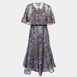 Self-Portrait Black Embroidered Tulle and Guipure Midi Dress M