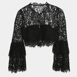 Self-Portrait Black Lace Flared Sleeve Button Front Crop Top S