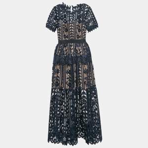 Self-Portrait Navy Blue Floral Lace Tiered Midi Dress S