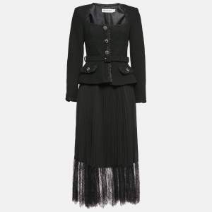 Self-Portrait Black Tweed and Chiffon Tailored Bodice Midi Dress M