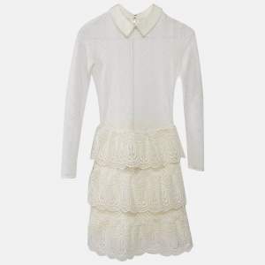Self-Portrait White Lace Ruffled Full Sleeve Mini Dress S