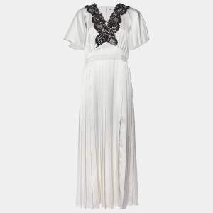 Self-Portrait White Lace Trim Satin Pleated Maxi Dress M