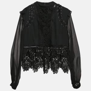 Self-Portrait Black Lace & Crepe Lace-Up Detail Blouse M
