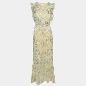 Self-Portrait Yellow Jacquard Fabric Belted Sleeveless Maxi Dress M