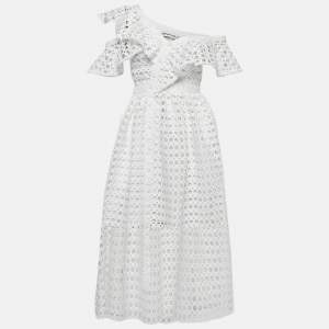 Self-Portrait White Guipure Lace Ruffled Midi Dress S