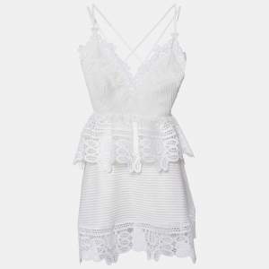 Self-Portrait White Guipure Lace Sleeveless Mini Peplum Dress S