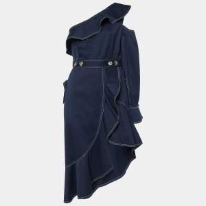 Self-Portrait Navy Blue Canvas Asymmetric Ruffled Dress M