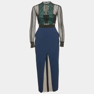 Self-Portrait Blue/Black Lace Trim Crepe Pencil Dress S