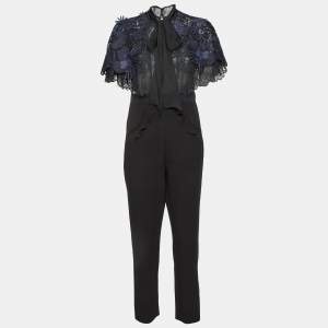 Self-Portrait Black/Blue Cady & Lace Ruffled Tie-Neck Jumpsuit M