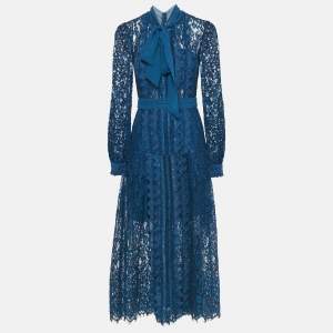  Self-Portrait Blue Petrol Lace Pussy Bow Midi Dress S