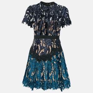 Self-Portrait Blue Floral Lace Cut-and-Sew Detail Mini Dress M