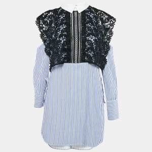 Self-Portrait White/Blue Stripe Cotton Lace Overlay Detail Short Dress M
