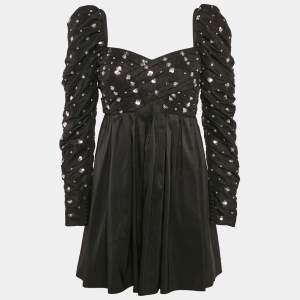 Self-Portrait Black Cluster Sequin Taffeta Pleated Mini Dress S