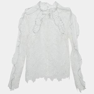 Self-Portrait White Floral Guipure Lace Ruffled Full Sleeve Top M