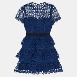 Self-Portrait Navy Blue Guipure Lace Tiered Mini Dress M