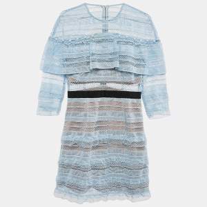 Self-Portrait Blue Guipure Lace Ruffled Mini Dress M