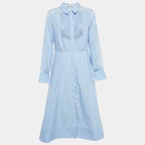 Self-Portrait Blue Cotton Lace Panel Detail Midi Shirt Dress S