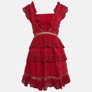 Self-Portrait Red Broderie Anglaise Chiffon Tiered Mini Dress S