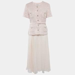 Self-Portrait Pink Boucle and Chiffon Plisse Midi Dress L