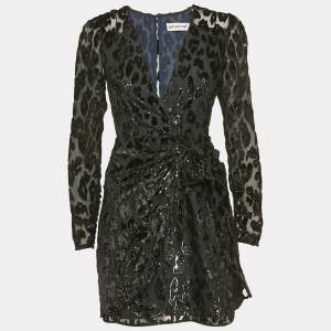 Self-Portrait Black Metallic Leopard Flocked Chiffon Mini Dress S