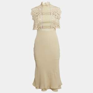 Self-Portrait Beige Lace Trim Crepe Midi Dress S