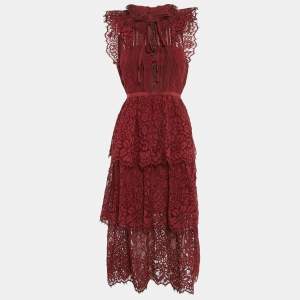 Self-Portrait Burgundy Cord Lace Tiered Midi Dress S