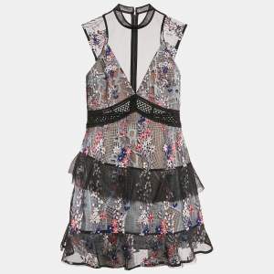 Self-Portrait Black Floral Embroidered Tulle Tiered Mini Dress M