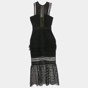 Self-Portrait Black Guipure Lace Tiered Midi Dress XS